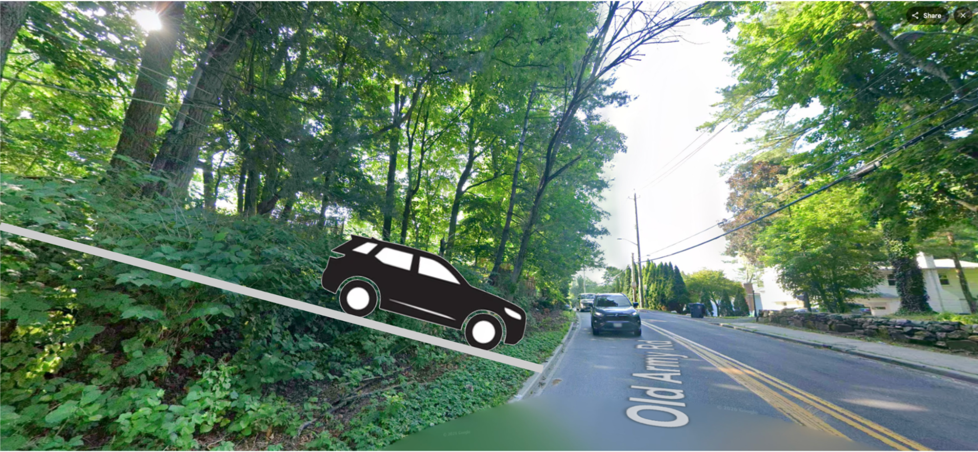 Rendering: street view of Old Army Road curving past the wooded slope, with an illustrated car on a drawn-in driveway line showing where the proposed driveway would exit onto the road.